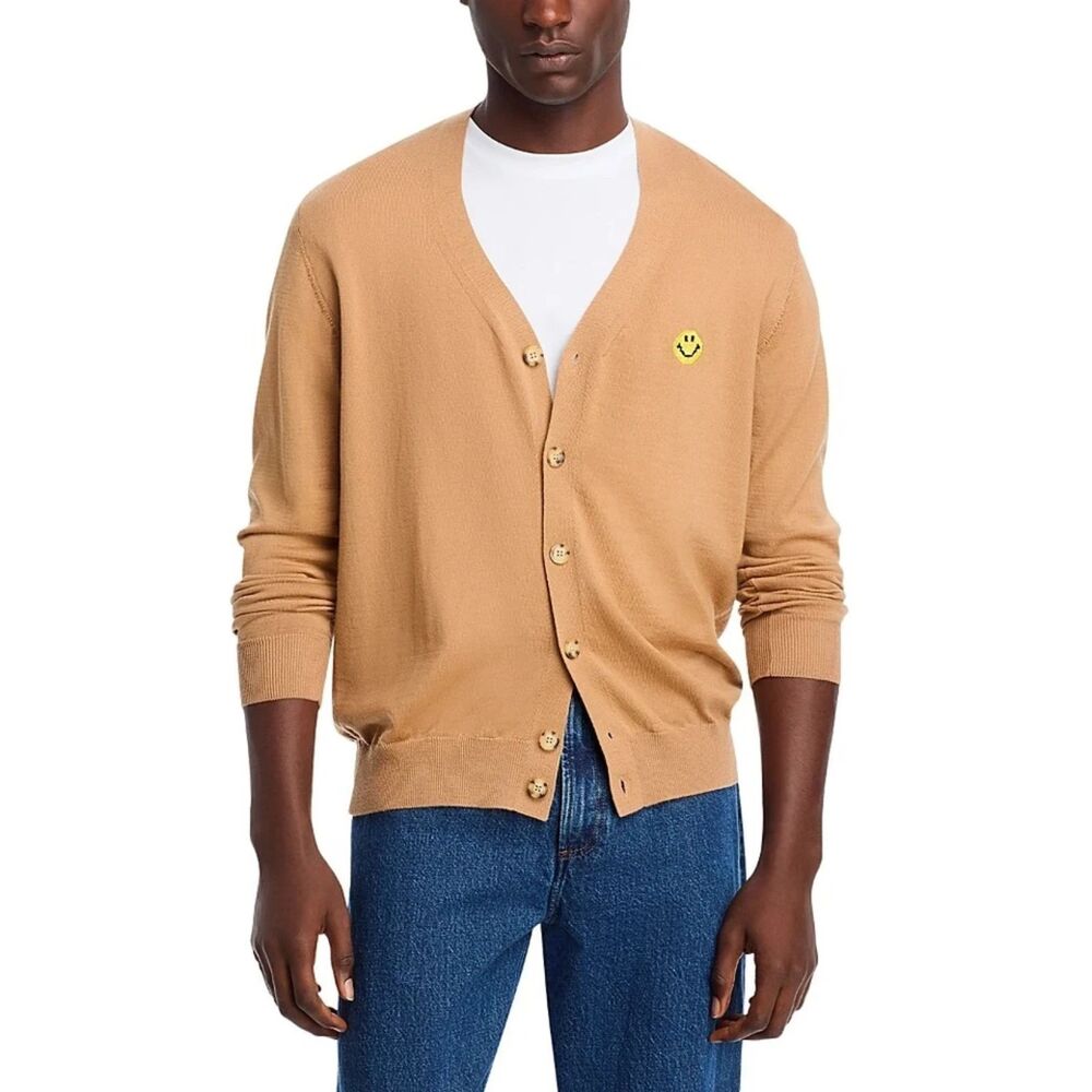 JOSHUA SANDERS Sweater Mens Large Tan PIXEL Cardigan Smiley Face 100% Wool $399